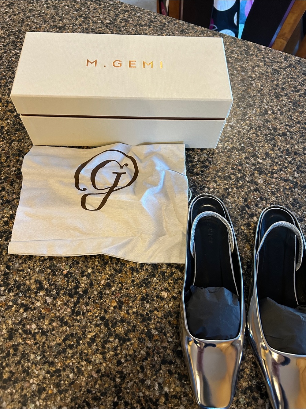 M. Gemi Italian Metallic Silver Slingback Slip Ons Square Toe - Picture 2 of 8